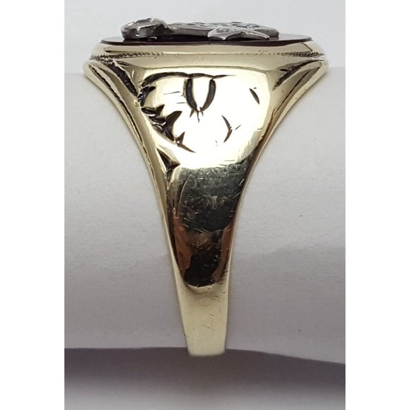 Vintage 14K Solid Two Tone Multi Color Gold Cornelian Masonic Diamond Ring - Picture 12 of 16